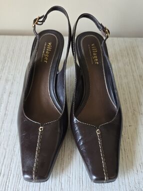 Villager Brown Leather Slingback Square-Toe Heels